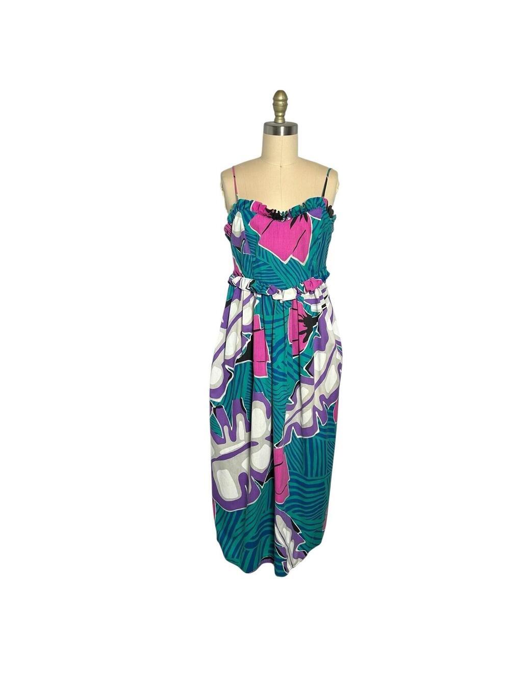 Vintage 80s Bill Tice Tropical Dress Teal Pink Abstract Midi Pockets M